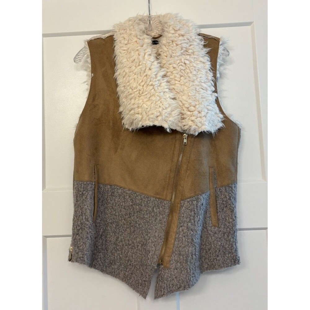 Athena Marie Women's Sherpa Vest Gray Tan Brown Side Zippers Size Medium